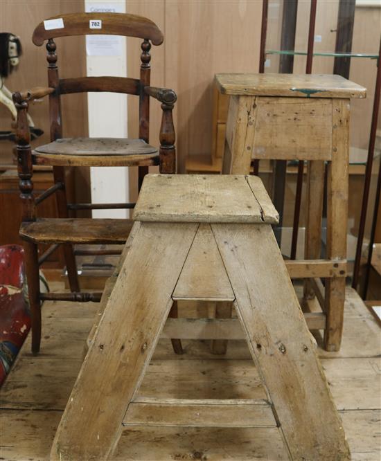 A Victorian elm topped stool, pine steps and a childs high chair (3)